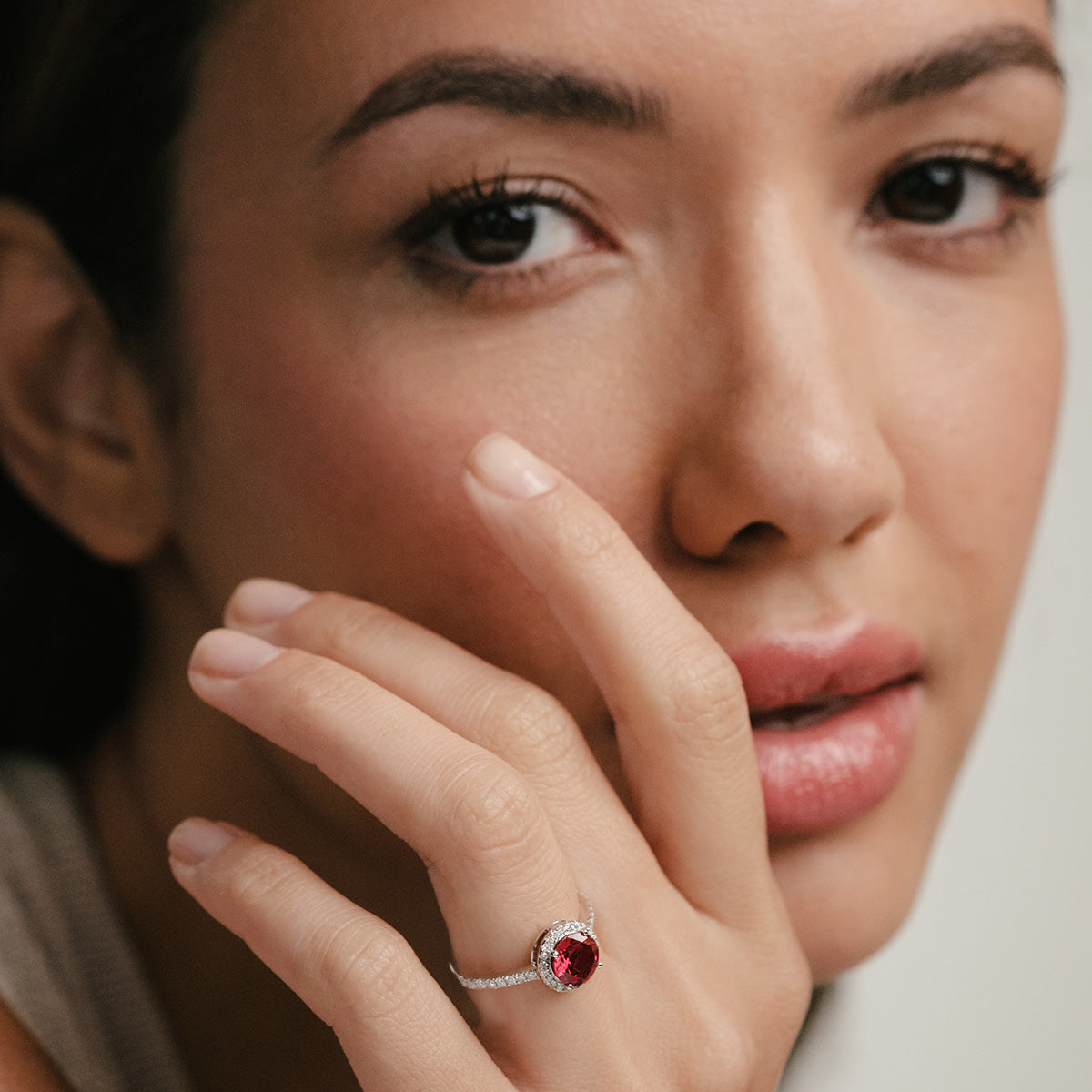 Astra 3.60ct Lab Ruby and Diamond Halo Shoulder Set Round Cut Ring in Silver